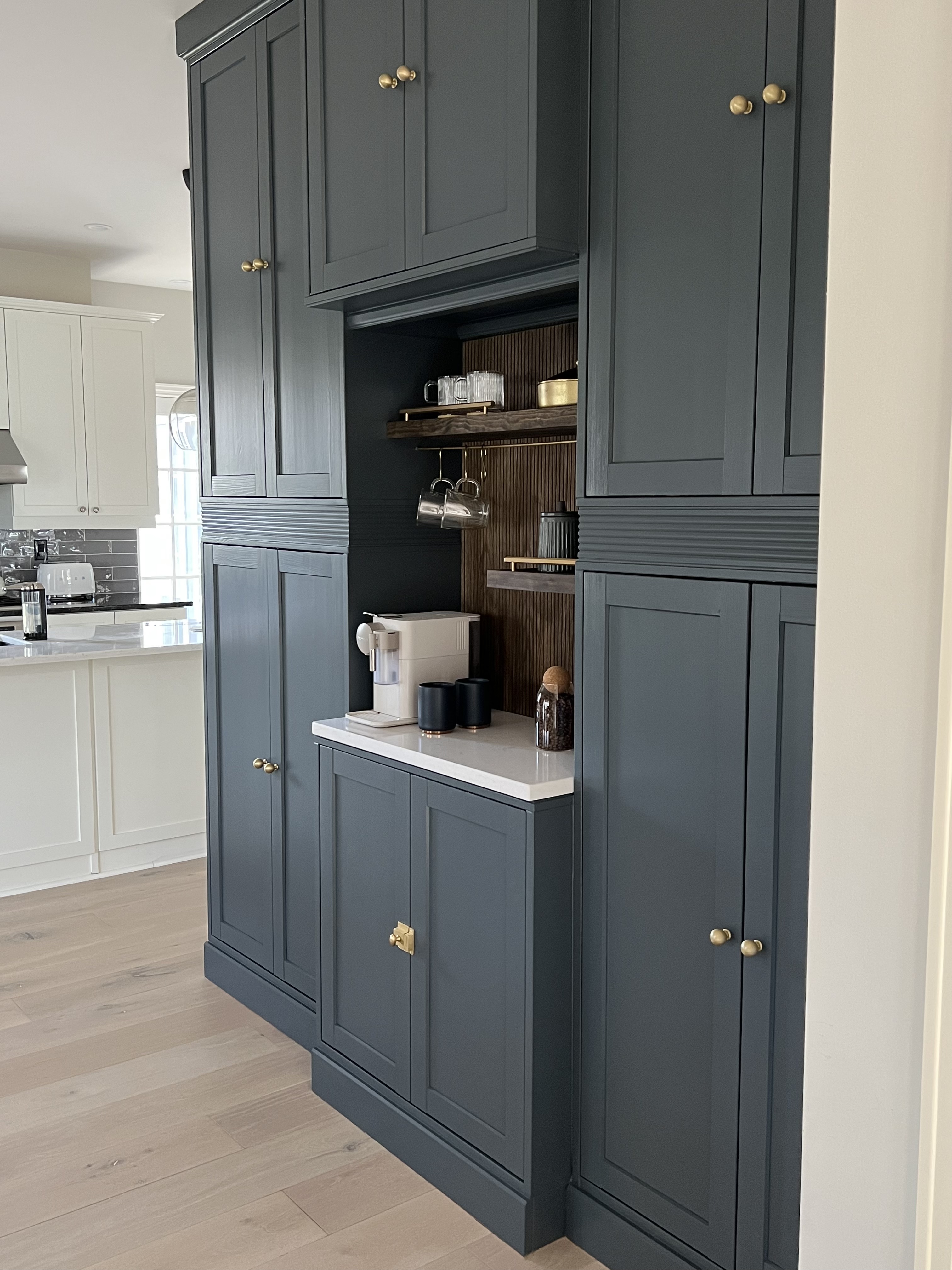 Image of completed coffee nook made with Ikea havsta cabinets.