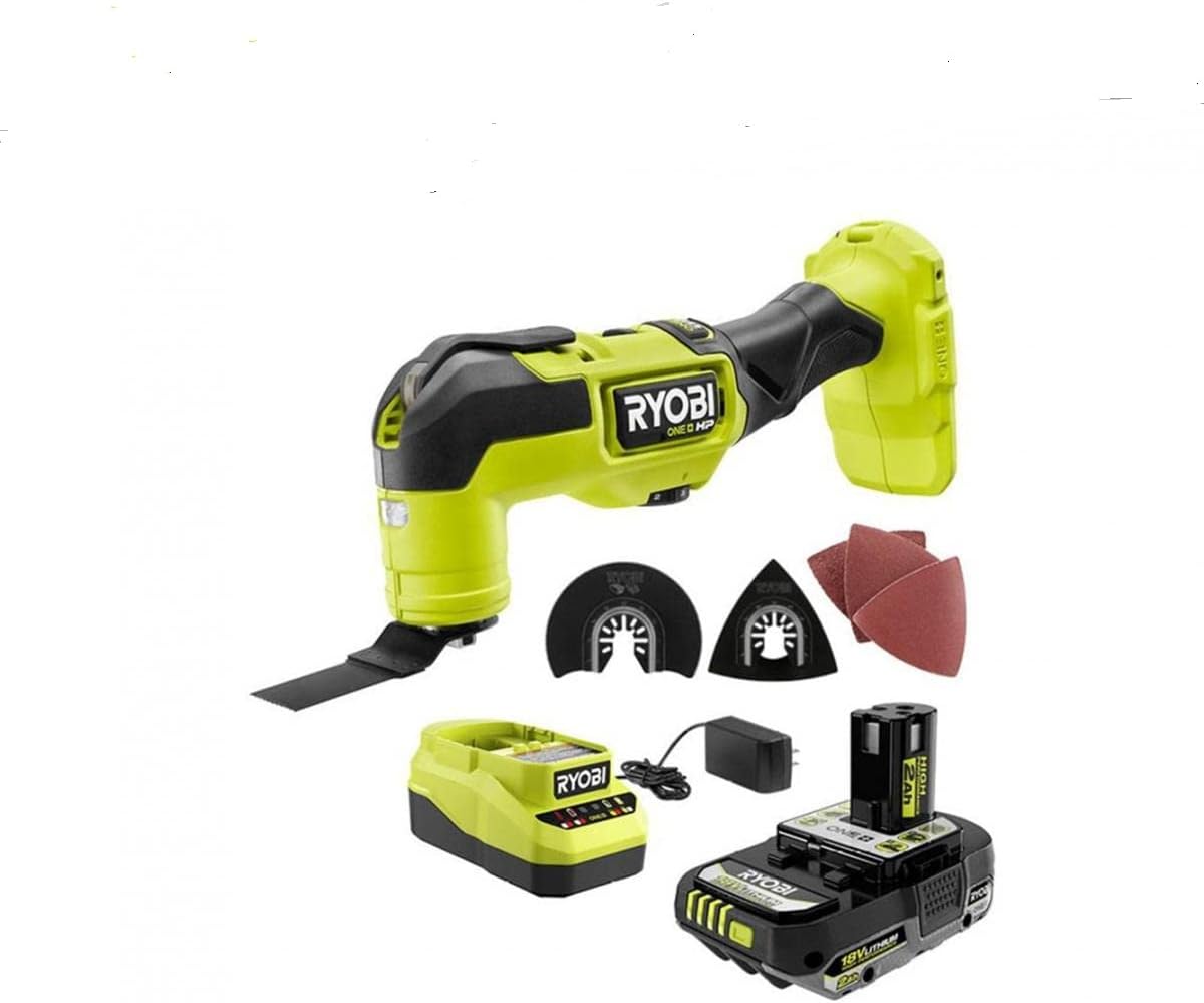 Ryobi Multitool with attachments, charger, and battery.